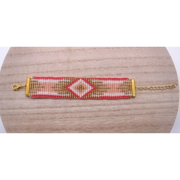 Loom Beaded Bracelet Pink, Peach and Gold - Picture 2 of 4